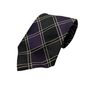 Polo by Ralph Lauren Mens Necktie‎ Black Purple Plaid Pattern Formal Tie VTG